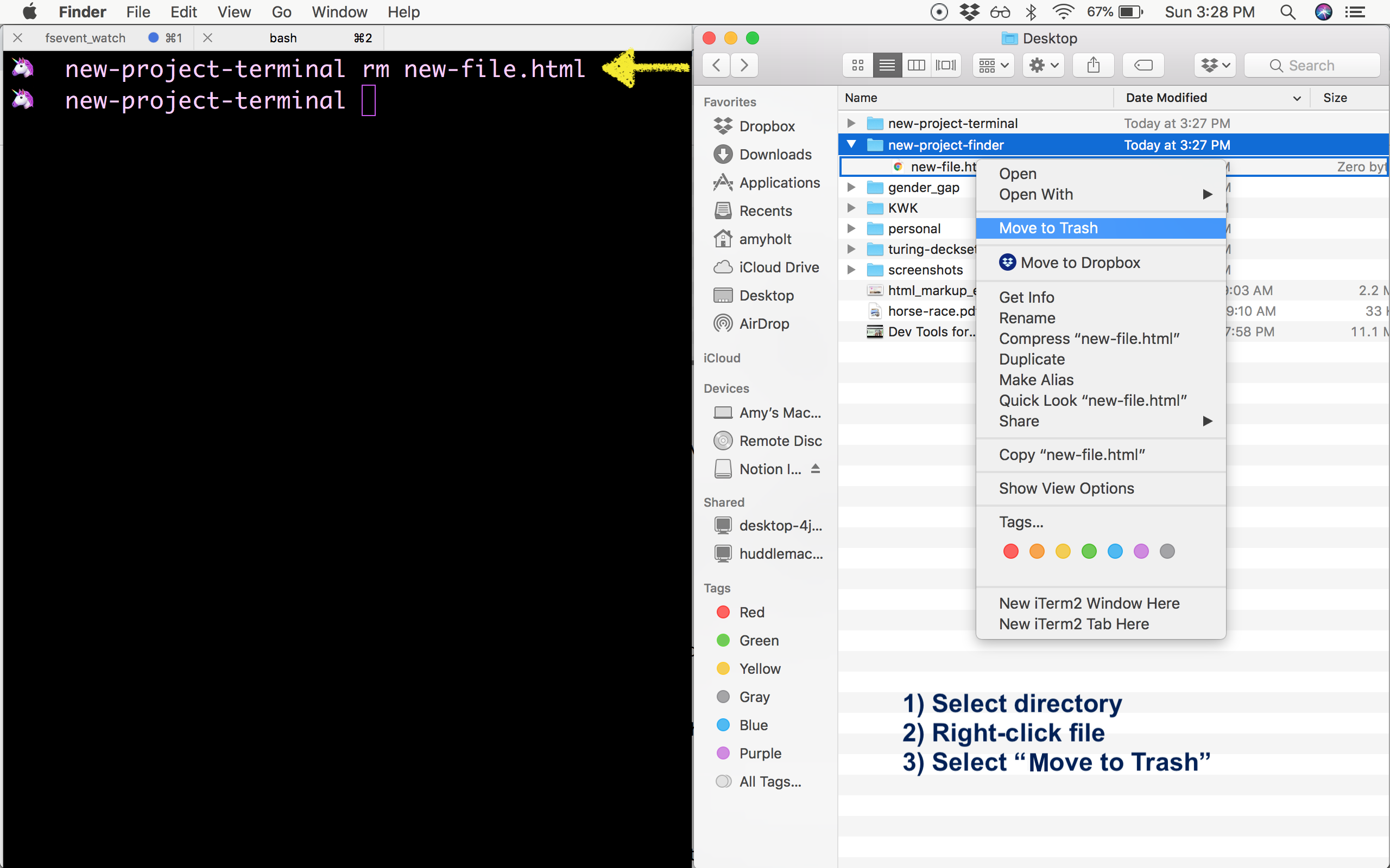 Side-by-side comparison of removing/deleting a file